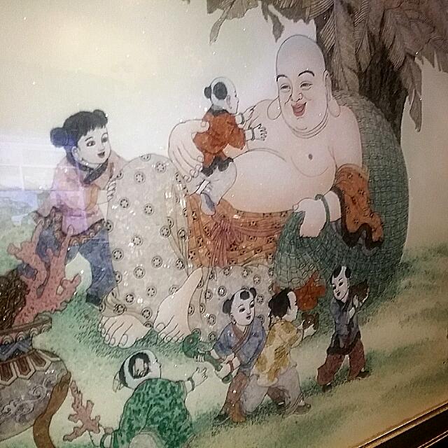 Chinese Laughing Buddha With Children Frame Art Made Of Crystals