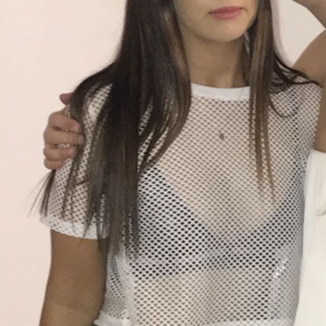 white fishnet crop top