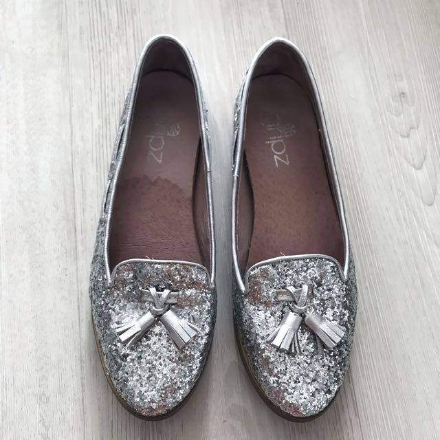 silver glitter loafers