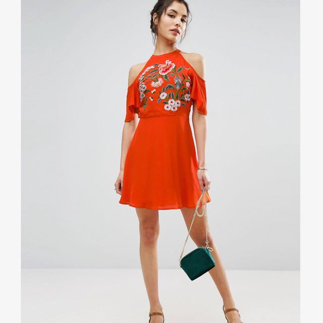 NEW ASOS Size 14 Cold Shoulder Skater Dress With Floral Embroidery Chinese New Year