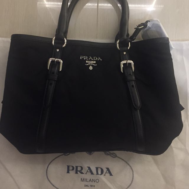 prada fabric handbag with leather trim