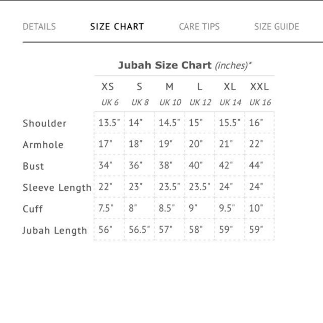 Imaan Boutique Size Chart