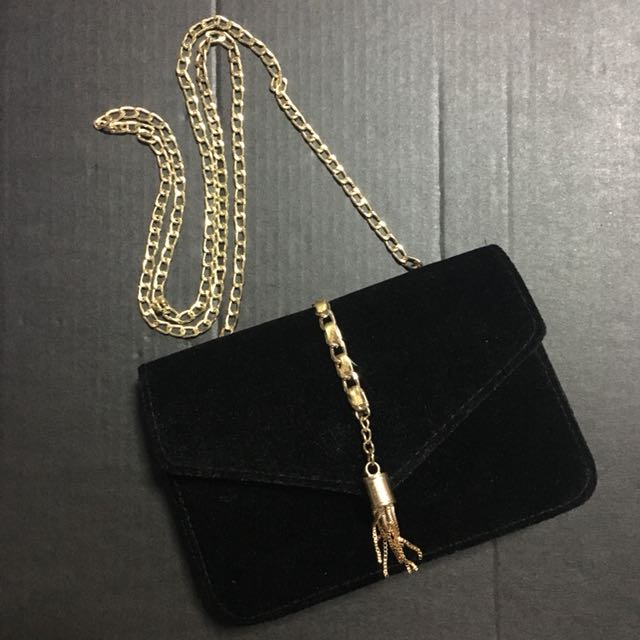 Black Velvet Gold Chain Sling Bag, Women's Fashion, Bags & Wallets