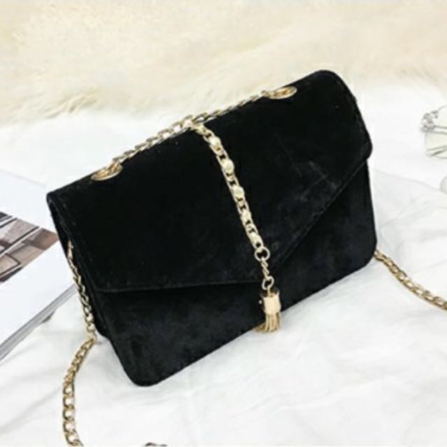 Black Velvet Gold Chain Sling Bag, Women's Fashion, Bags & Wallets