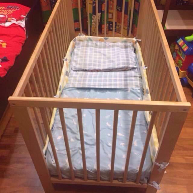 IKEA baby cot with mattress, cot bumper and linen sets, Babies & Kids