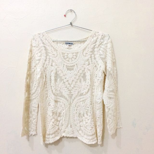 Express White Lace Top, Fesyen Wanita 