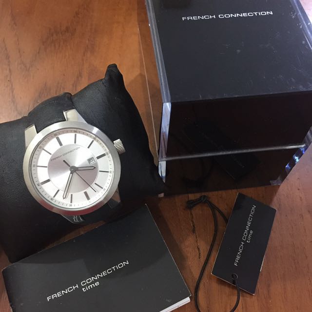 French Connection time piece model FC1083SS black leather strap
