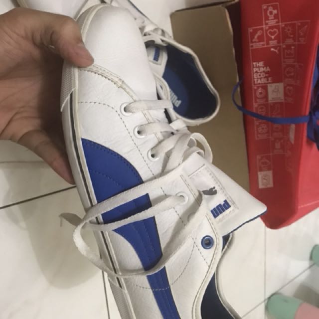 Puma benecio leather white-princess blue, Fesyen Pria, Sepatu di Carousell