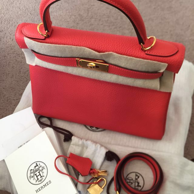 Hermes Kelly Handbag Rouge Pivoine Togo with Palladium Hardware 28