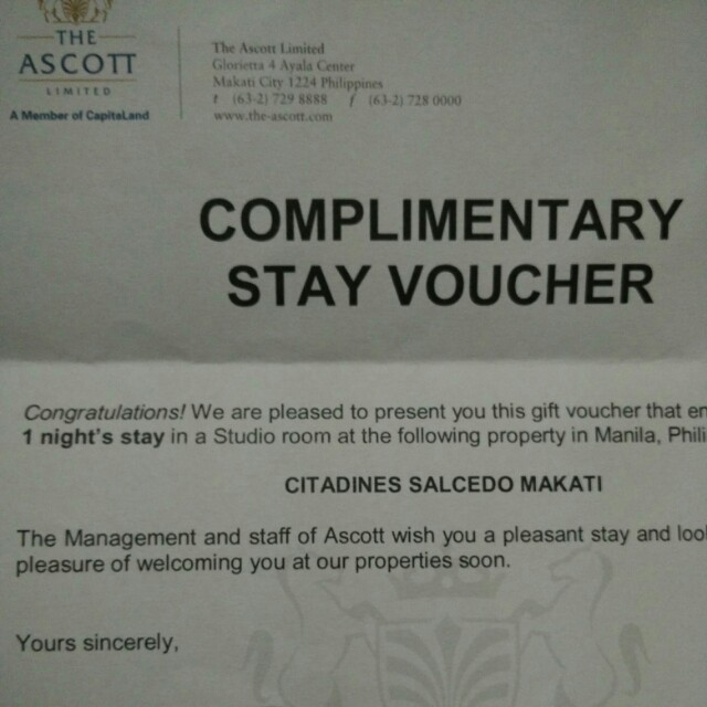 Citadines Complimentary Stay Voucher, Tickets & Vouchers, Vouchers on