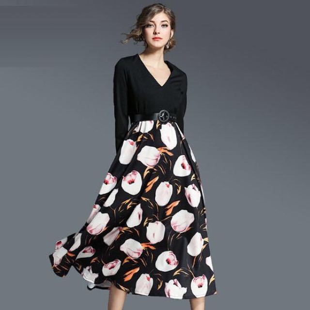 Black top floral skirt dress hot sale