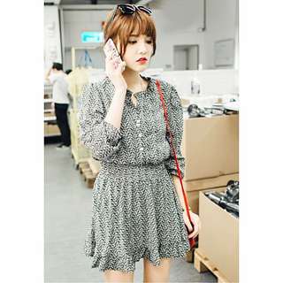 👗縮腰排釦波浪紋連身裙