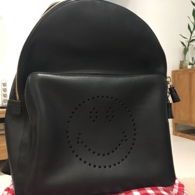 Anya Hindmarch Smiley Black Leather Backpack cowhide leather Luxury Bags Wallets on Carousell