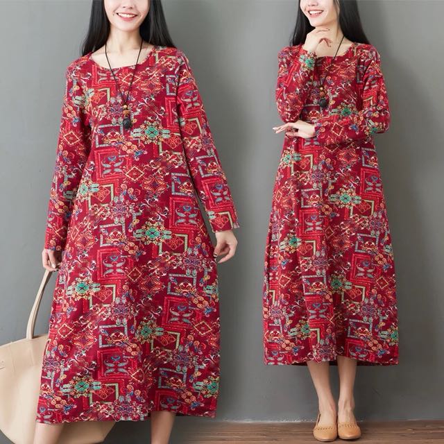 M 2xl 18 Cotton Long Sleeve One Piece Dress National Wind Retro Round Neck Loose Cotton Linen Dress Women S Fashion Clothes Dresses Skirts On Carousell