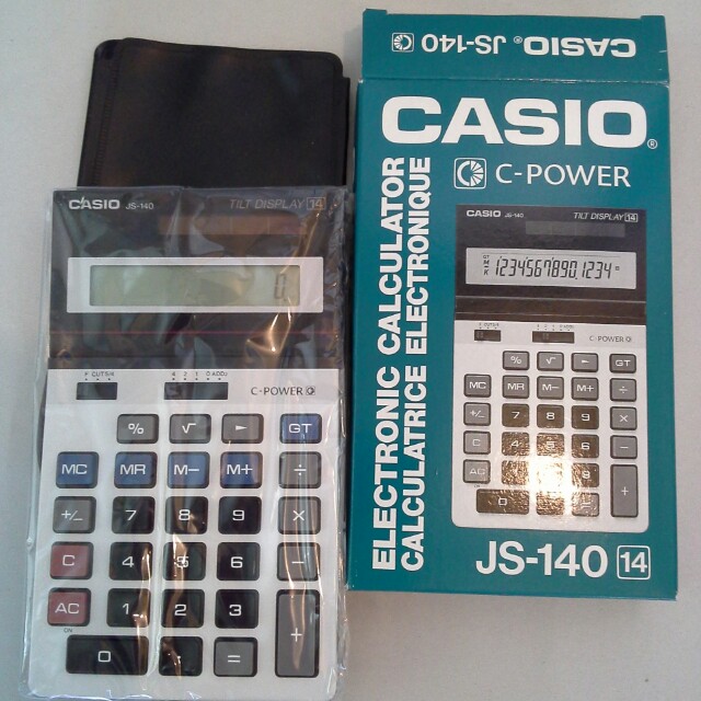 全新Casio Cpower JS140 electronic calculator 14位數值太陽能計數/算機連全新膠皮套/袋, 女裝
