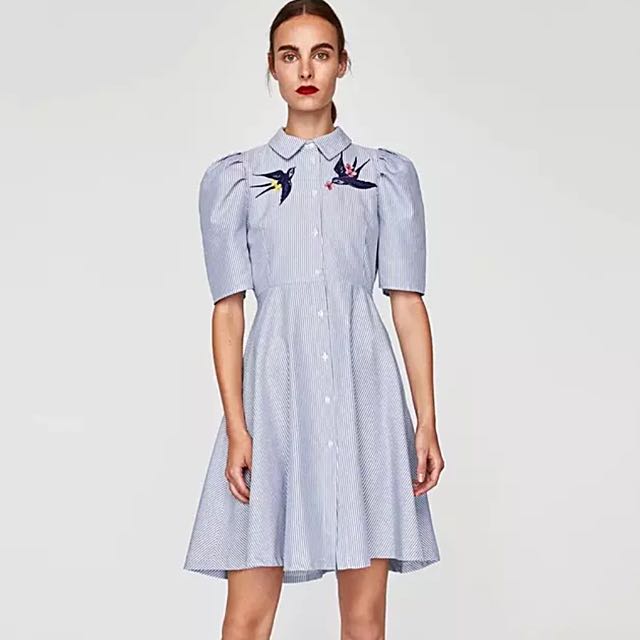 Zara Bird Embroidery Shirt Dress Size M 