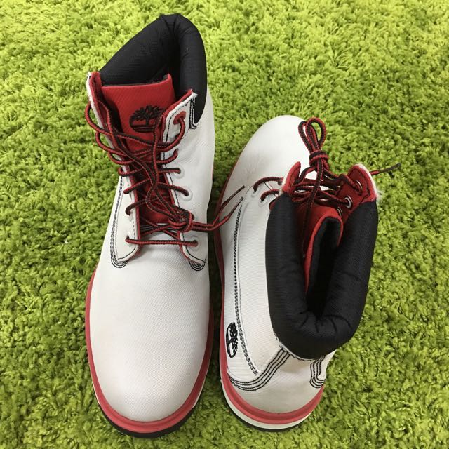 Red and discount white timberlands mens