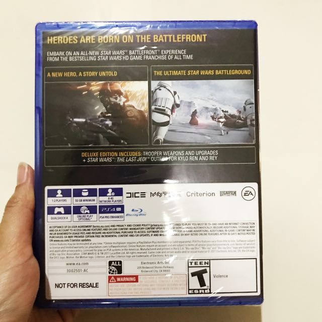 PS4 Star Wars Battlefront II: Elite Trooper Deluxe Edition (Category: PlayStation) located in Paranaque City. Submitted by barbieia (Listing ID 152267488, Image 2). Description: Region: All Unused, still sealed Came with the PS4 console Datablitz price: P4195 RFS: not interested in the game 👌🏼 Items are authentic & in good condition 💰 BPI, BPI Family only 🚛 Xend, LBC only ❗️ No meet-ups, no swaps.