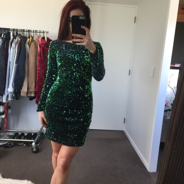 motel rocks green sequin dress MOTEL DELUXE Gabby Sequin Plunge Back Dress in Iridescent Green
