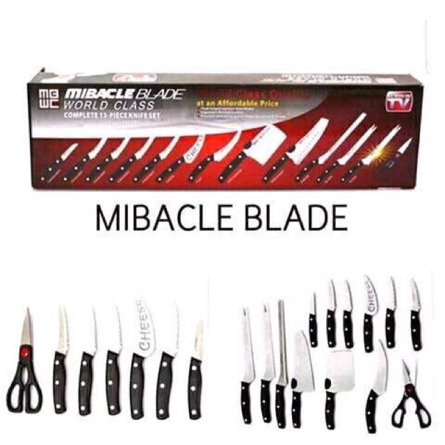 13 PIECE KNIFE SET (Category: Knives & Chopping Boards) located in Mandaluyong City. Submitted by shopmla (Listing ID 153637349, Image 1). Description: MIBACLE BLADE Php 450. In LAZADA - 900.+ Product Description: For everyday kitchen use, the 13-Piece Mibacle Blade Knife Set is certainly a handy tool. Chop, slice, carve and trim with this ideal kitchen companion. Key Specifications: * Flash forged stainless steel blades * Comes with comfortable 