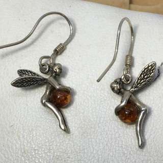 antique/vintage Fairy carrying Real amber sterling silver earrings 3.5 grams
