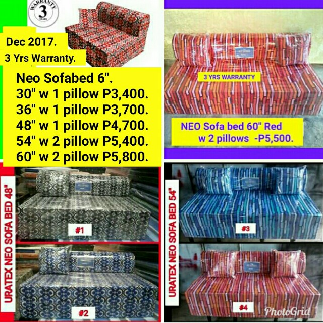 sofa bed (Category: Sofas) located in Binan City. Submitted by mark.365 (Listing ID 153698150, Image 2). Description: Uratex Sofabed : Comfort and Joy 7" w free Pillow. 3yrs warranty 30" P4,000. 36" P4,500. 42"-P5,000. 48" -P5,800. 54"-P6,500. 60"-P7,000. NEO Sofa bed 6" w free pillow. 3yrs warranty. 30" P3,400. 36"-P3,700. 48"-P4,700. 54"-P5,400. 60"-P5,800. Deluxe Sofa bed. 6" . 6months warranty. 36"-P3,000 48"-P4,000. 54"-P4,500. 60"-P5,000. L