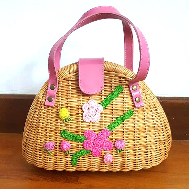 UNIQUE Handmade Embriodery Wicker Rattan Bag With Pink Real Leather ...
