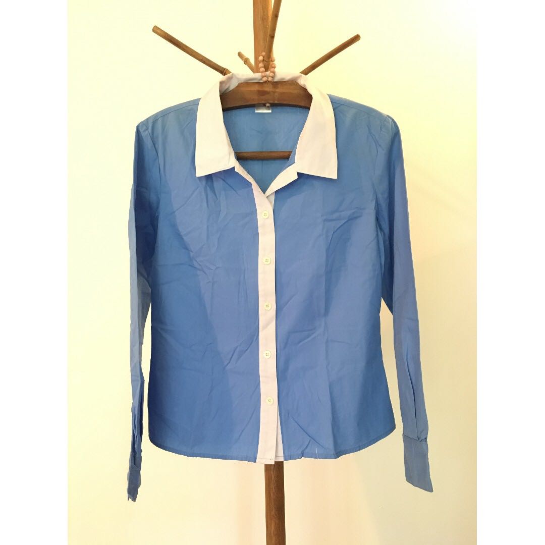 Sky Blue Fall Floral Half Placket Collared V Neck Blouse