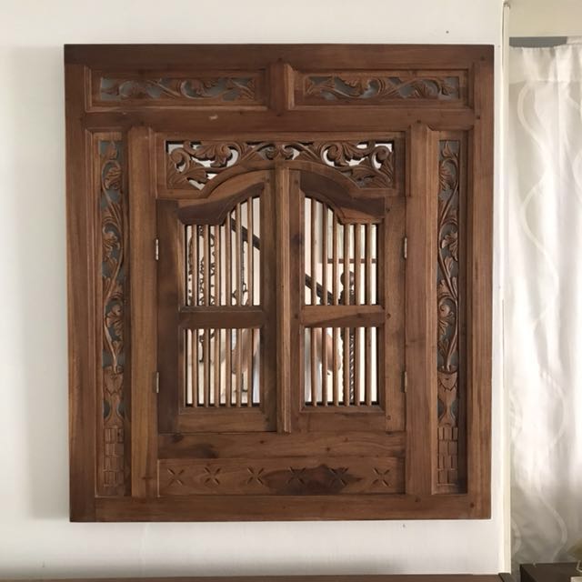 Vintage hand carved Balinese Indonesian teak window Mirror ... Vintage hand carved Balinese Indonesian teak window Mirror ...
