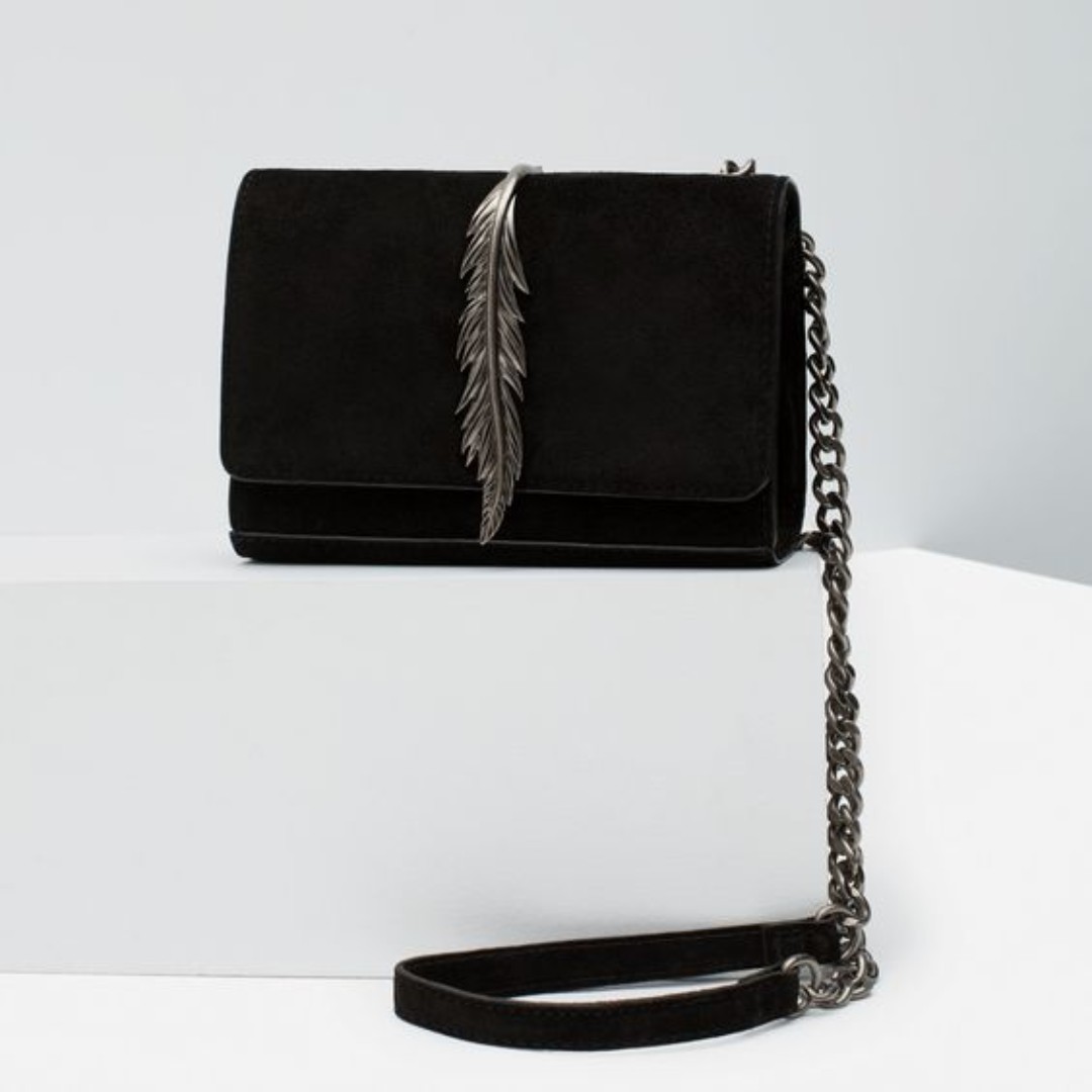 Black Suede Feather Sling Evening Bag 