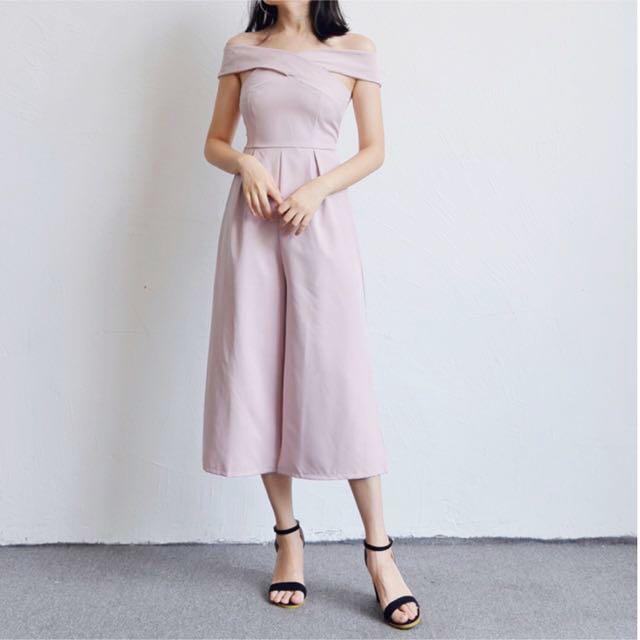 off shoulder pink jumpsuit