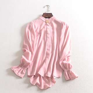 ❤️️  Bell sleeve gold button women blouse long sleeve pink shirt working