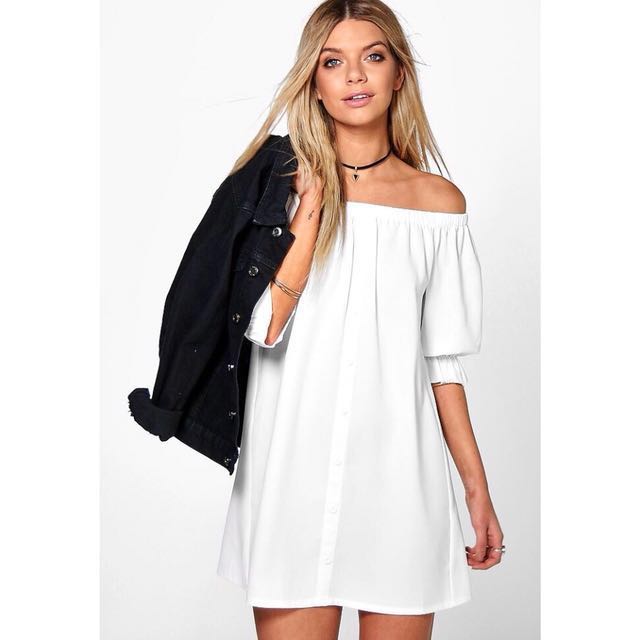 boohoo white off the shoulder dress