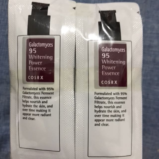 COSRX Galactomyces 95 Whitening Power Essence Sample (Category: Face Care) located in Las Pinas. Submitted by prettymeph (Listing ID 144371161, Image 1). Description: 💰P 13 Each 💰P 120 / Pack of 10’s 🔸Exp. Date: 2019 03 23 * Effect of natural fermentation getting into the skin, awakening with whitening skin * It is formulated with 95% high concentrate of the best yeast for the skin * Made up of fermented component with a structure similar to s