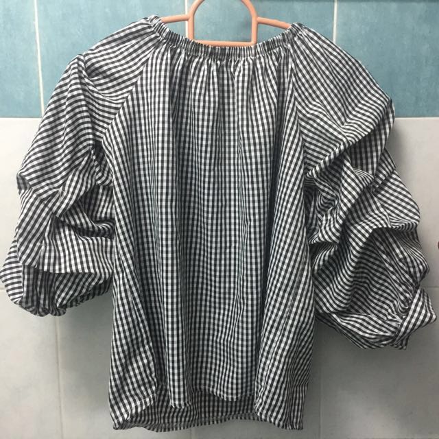 RUFFLE-HAND CHECKERED TOP, Women's Fashion, Tops, Blouses on Carousell