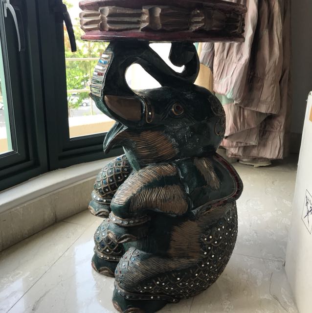 Antique wooden handcrafted elephant side table, Furniture & Home Living