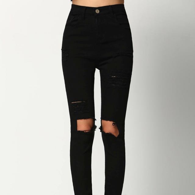 black skinny distressed jeans womens