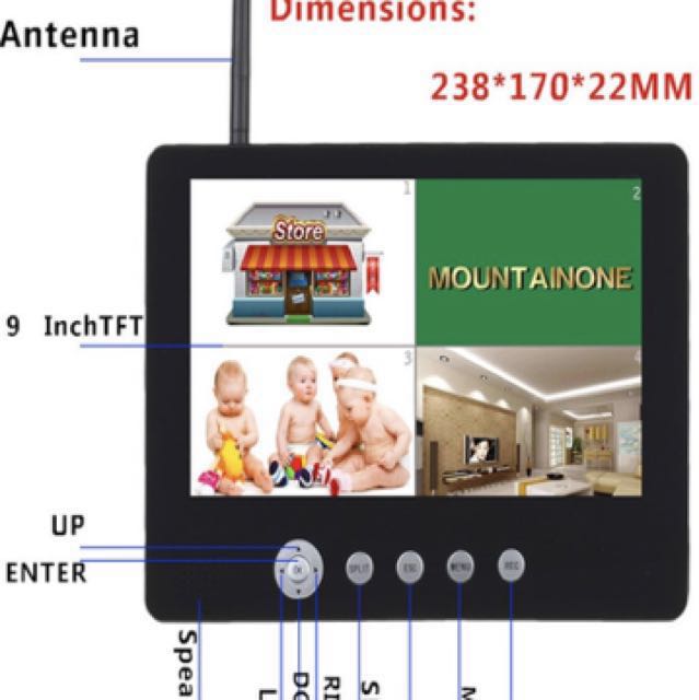 MOUNTAINONE 9 inch TFT Digital 2.4G Wireless Cameras Audio Video Baby Monitors 4CH Quad DVR Security System With IR night light Cameras