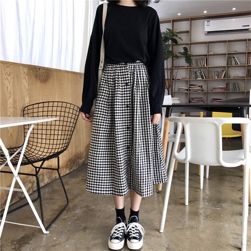 Checkered Plaid Buttons Down Designed Korean Style Skirt Women S