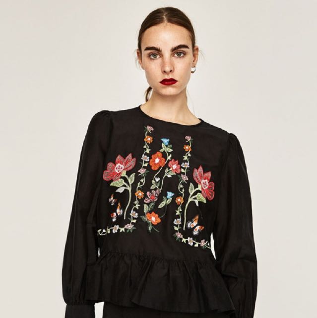zara embroidered blouse with ruffles