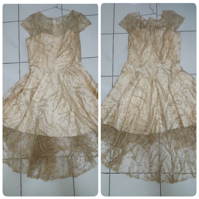 Baju Pesta Warna Emas Gold Dress Midi Dress Fesyen Wanita Pakaian Wanita Gaun Rok Di Carousell