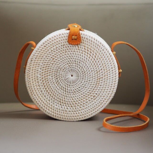 Round White Rattan Bag with Leather Strap Women s Fashion Bags