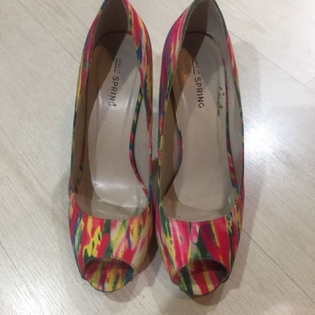 Call it Spring multicolor peep toe heels (Category: Heels) located in Quezon City. Submitted by mdjpl (Listing ID 155557547, Image 1). Description: Size 8 In good condition except for flaw one back heel 4.5 inch heels RFS: Decluttering.