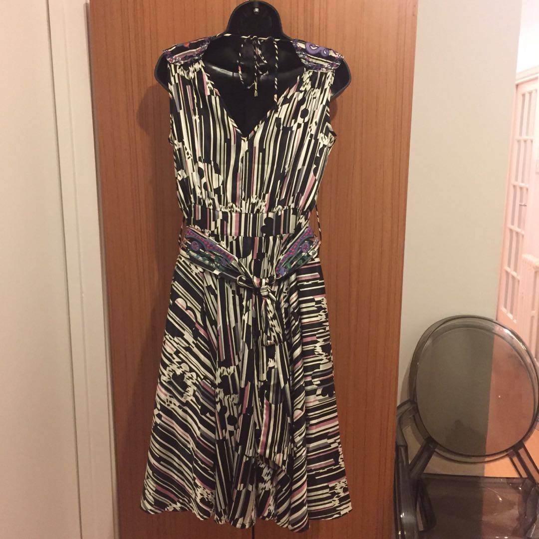 Laura Lees Label Printed Silk Dress Size Uk 10 Pretty Belted On
