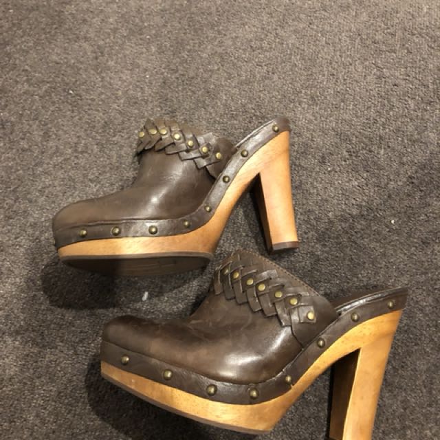 Ralph Lauren Wooden High Heels Leather Clog Mules