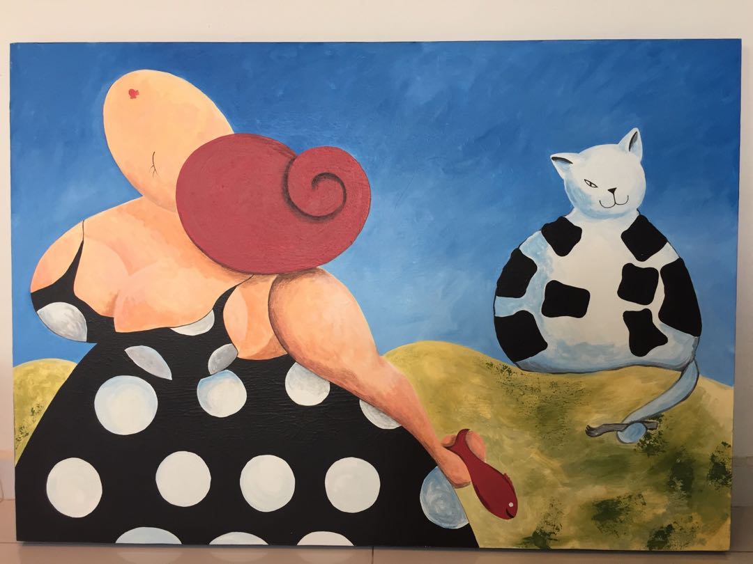 Canvas Painting Fat Lady And A Cat Furniture Home Decor On Carousell