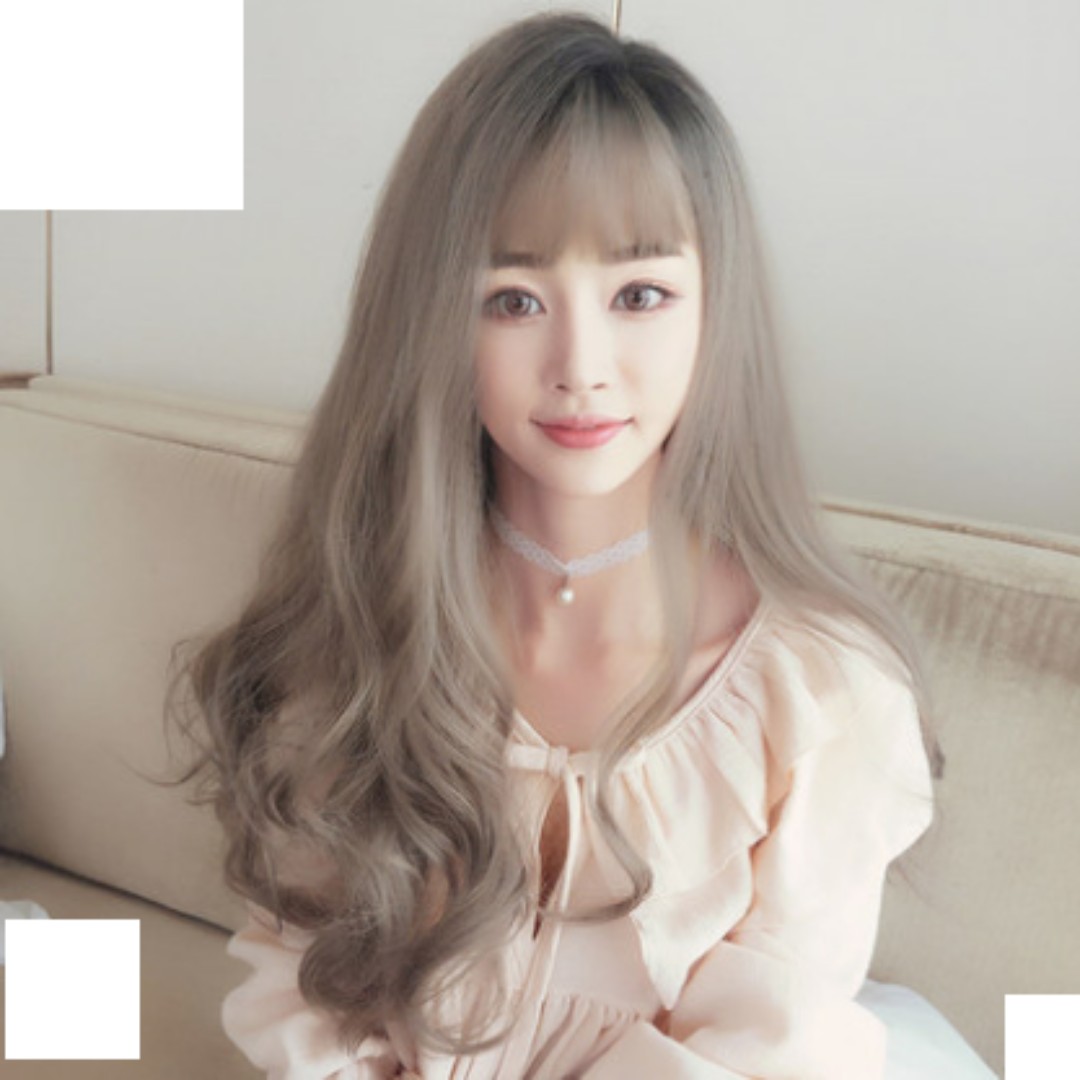 Korean Side Part Air Fringe Long Curly Wavy Full Wig For Daily Use