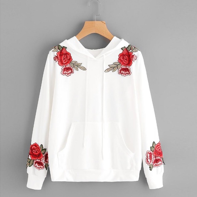 embroidered rose applique sleeve hoodie