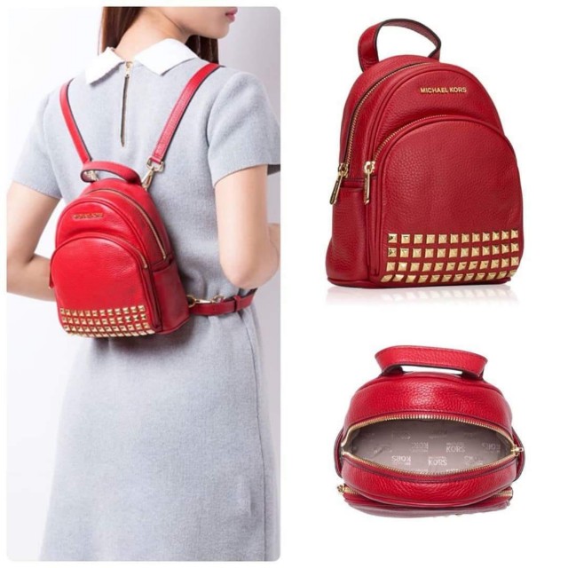 Michael Kors Mini Abbey Studded Backpack in Leather RED