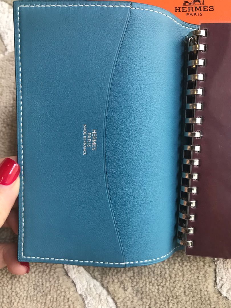 Designer Hermes Agenda Passport Holder GM Blue Jean Mysore goat skin